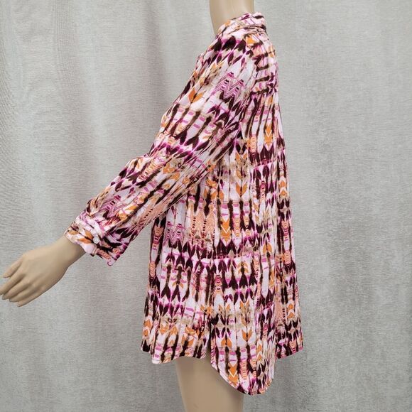 Intro Linen Rayon Colorful Button-Up Shirt Adjustable Roll Tab Sleeves Women's M - Picture 4 of 12